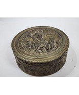 Vintage 4.5&quot; Brass Grecian Romanic Relief Scene Powder Vanity Round Box Jar - £15.34 GBP