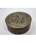 Vintage 4.5&quot; Brass Grecian Romanic Relief Scene Powder Vanity Round Box Jar - £14.72 GBP