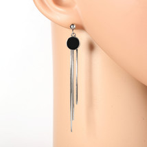 Silver Tone Drop Earrings, Jet Black Faux Onyx Circle &amp; Tassels - $26.99