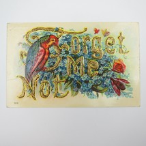 Postcard Forget Me Not Blue Flowers Green &amp; Red Parrot Bird Embossed Ant... - £7.91 GBP