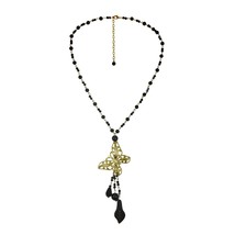 Brass Butterfly Beaded Onyx Rosary Style Necklace - £15.14 GBP