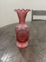 Fenton Cranberry Red Square Glass Vase Ruffle 7.25” Pedestal Base - $29.69