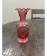 Fenton Cranberry Red Square Glass Vase Ruffle 7.25” Pedestal Base - $40.32 CAD