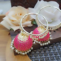 Bollywood Indian Pearl Enameled Pink jhumkas Earrings Women Bridal Jewelry Set - £18.97 GBP