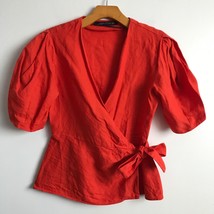 Zara Linen Shirt S Red Short Sleeve Wrap Blouse V Neck Tie Peplum Preppy... - $22.98