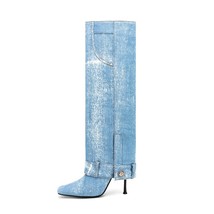 Autumn Winter New Wash Denim Knee Boots Street Style Zipper The Old Design Slim  - £93.74 GBP