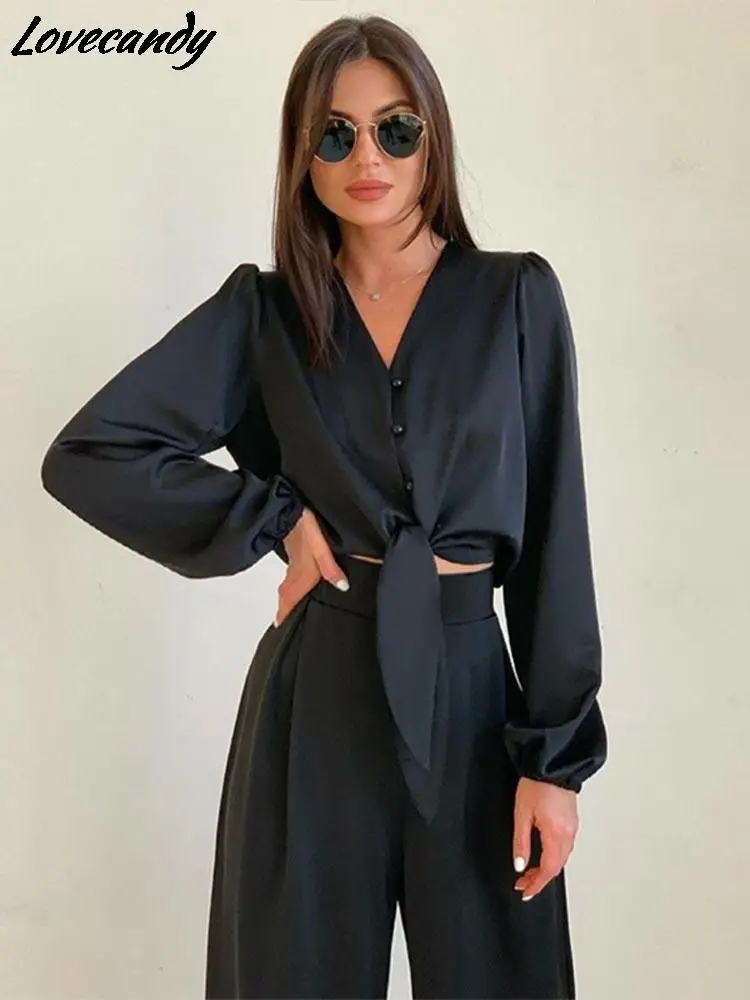 Summer Women Fashion Black Satin Pant Suits V-Neck Long Sleeve Blouse Matching T - £62.59 GBP