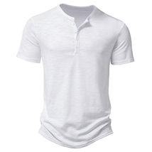 Mens Plain Short Sleeve Henley T Shirt Summer Casual Pullover Loose White - £24.78 GBP