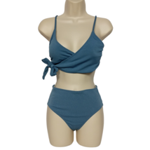 Shein High Waist Two Piece Bikini Swim Set Small Blue Ribbed Side Tie Padded - £21.03 GBP