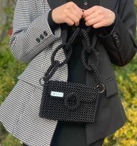 Beaded black bag, with elegant handle  in circles and lining - £78.79 GBP