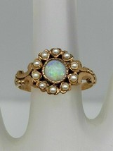 Antique Victorian 2Ct Lab Created Opal &amp; Pearl Halo Ring 14k Yellow Gold Plated - £77.05 GBP