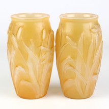 Consolidated Martele Dragonfly &amp; Cattails Amber Vases Set, Vintage Art Glass 6&quot; - £63.93 GBP