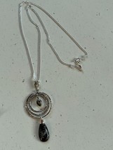 925 Marked Silver Chain w Three Concentric Circles &amp; Black Stone Teardrop Dangle - £26.34 GBP
