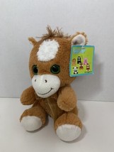 Goffa plush brown tan white sitting horse pony big green eyes sheer ribb... - $9.89