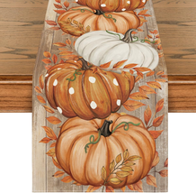 Orange Polka Dot Pumpkin Eucalyptus Wood Fall Table Runner, Seasonal Autumn Kitc - £13.02 GBP