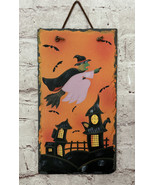 Halloween Witch Trick Or Treat Hand Painted Slate Shingle Wall Hanging Art - £23.23 GBP