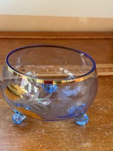 Small Beautiful Vintage Blue Footed Glass Bowl w Etched Strawberry &amp; Gil... - £11.85 GBP