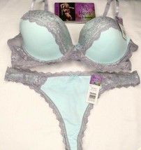 Hers By Herman Bra &amp; Panties Set 38D X-LARGE Panties Green Gray Bejeweled NEW - £12.78 GBP