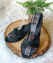 PRADA VTG Kitten Heel Open Toe Slip On Sandals Strappy Velvet Floral Black Sz 35 - £47.79 GBP