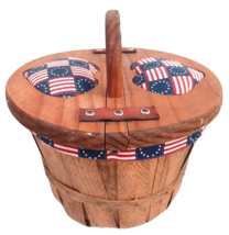 VTG 13Star Wood Double Lid Barrel Weave Basket Lined Flag Heart Leather USA Gift - £59.16 GBP