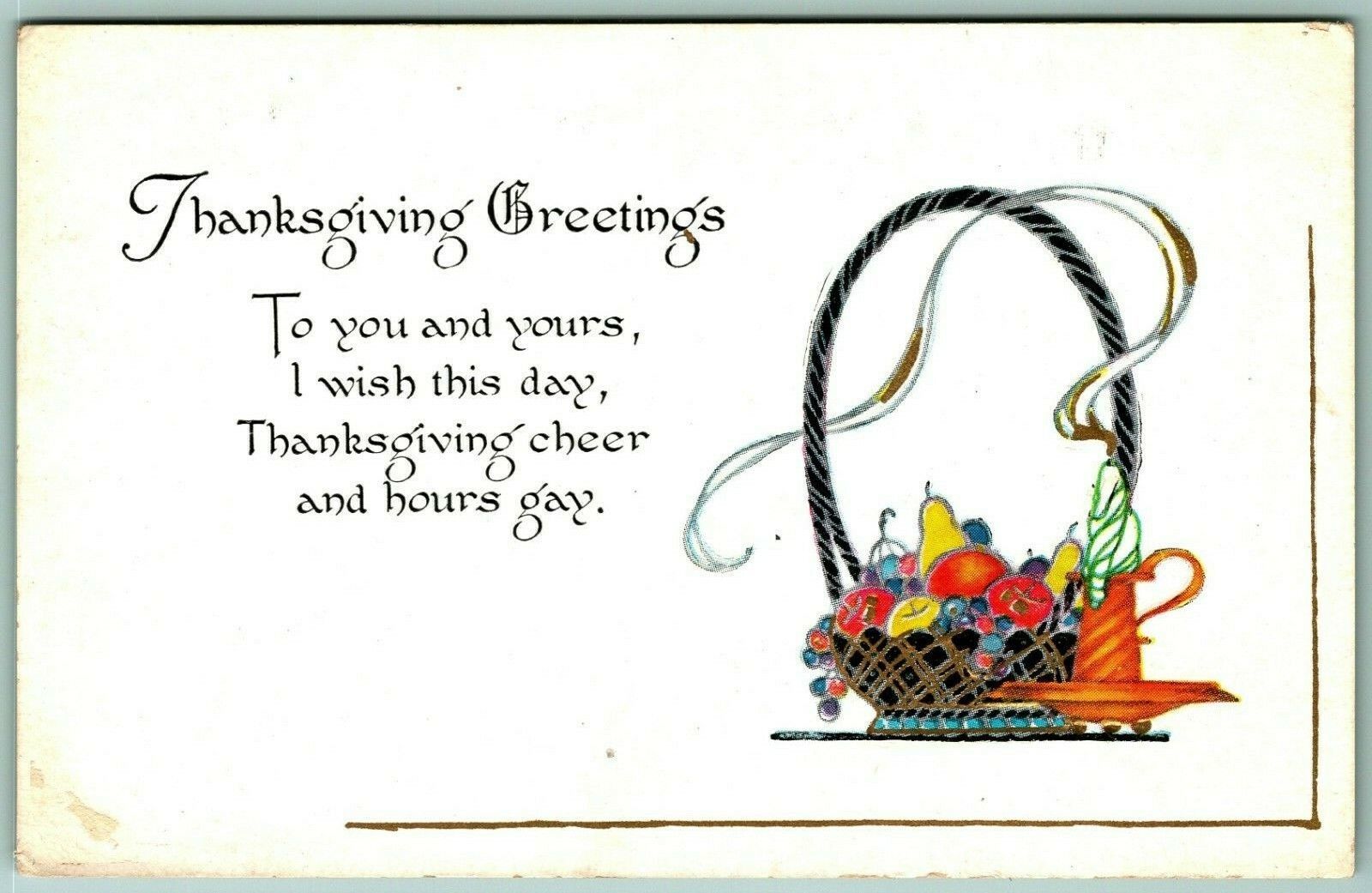 Primary image for Thanksgiving Greetings Fruit Basket Art Deco UNP Unused DB Postcard G12