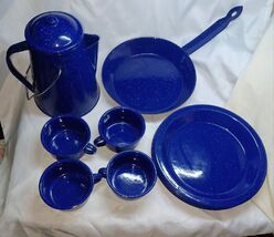 Blue Enamelware Camping Dish Set - Coffee Pot, 4 cups, 4 Deep Plates, Sk... - $33.22