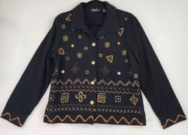 Onque Casuals Jacket Womens Medium Black Wooden Beaded Grannycore Button... - £24.84 GBP