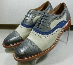 Men Multi Color Three Tone Handmade Leather Brogues Cap Toe Lace Up Shoes  - £118.63 GBP+