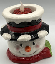 Holiday Votive Holder  Snowman Black Hat Red Scarf Fake Real Tea Light Ceramic - £9.66 GBP