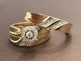 Diamond Wedding 14K Yellow Gold Fn Trio His Her Bridal Band Engagement Ring Set - £100.99 GBP
