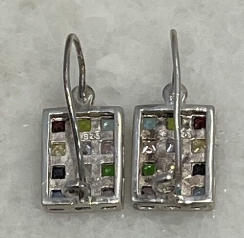 Sterling Silver 925 Multi Gemstone Rectangle Kidney Wire Earrings   Item image 2