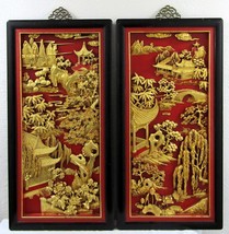Pair Chinese Black Lacquer Painted and Carved Gold Giltwood Wall Hanging... - $1,286.01