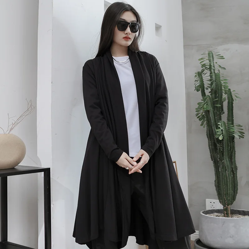Ladies Long Trench Coat Spring And Autumn New Niche Design Sense Art Fan Day Dep - £153.91 GBP