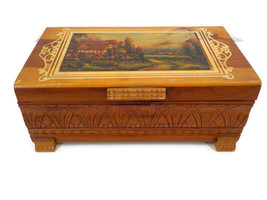 WOODEN JEWELRY BOX 11x7x4 WOOD INTERIOR HANDLES ENGLISH COUNTRYSIDE PIC ... - £31.44 GBP