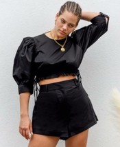 $49 Danielle Bernstein Plus Size Puff-Sleeve Side-Tie Solid Top Black Size 1X - £10.37 GBP