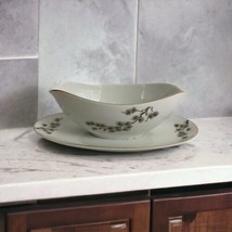 Vintage Japan Harmony House Gravy Boat w/ Attached Under Plate Gray Floral - £17.66 GBP