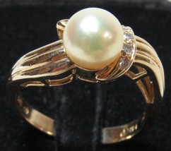 14KP Yellow Gold 6mm Golden Pearl 6 Diamond Sz 6 Ring 3.5g T&amp;C Town Country - £241.27 GBP
