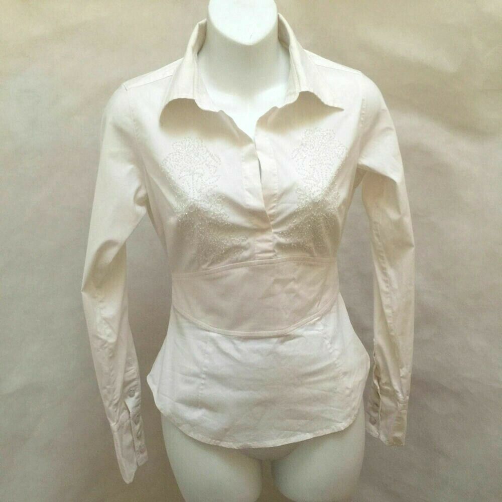 Primary image for Laundry Shelli Sagal XS Top White Beaded Tuxedo Peplum Long Sleeve Shirt Tie