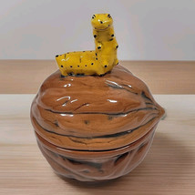 VTG Ceramic Caterpillar Worm on Walnut Acorn Lid Covered Dish Bowl Lepidopterist - $55.69