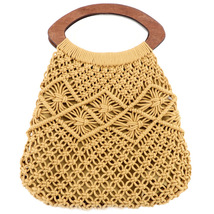 Wooden handle Portable cotton rope weaving straw bag handmade net handbag beach  - £23.66 GBP