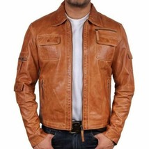 Urban Mens Vintage Tan Brown Genuine Leather Jacket Distressed Real Biker New - £83.92 GBP