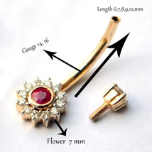 14k 18k Gold Natural Diamond and Ruby Belly Button Ring 14K Solid Gold, Floral G - £418.48 GBP
