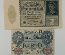 Deutschland 2-Notes 1910 Deutsche Reich 20 Marke &amp; 1922 Weimar Republik ... - $52.34