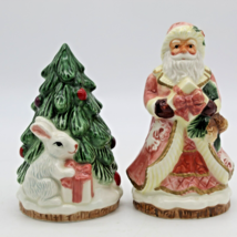 Ceramic St. Nick in Pink &amp; Christmas Tree with Rabbit Salt Pepper Shakers Santa - £10.31 GBP