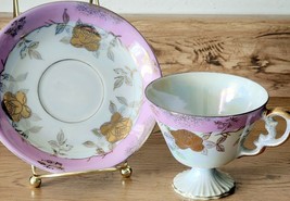 Vintage China Pedestal Tea Cup &amp; Saucer Set Gold Pink Iridescent See Pictures - £19.10 GBP