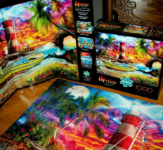 Jigsaw Puzzle 1000 Pieces Lighthouse Sunset On Tropical Beach Sailboat Complete - $12.46