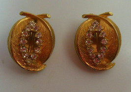 Vintage Signed BSK Gold-tone Rhinestone Double Feather Shaped Clip-on Earrings - £24.92 GBP