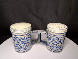 Pair of Avon Country Talc Shakers Blue &amp; Stoneware Design Metal Shakers - $12.19