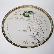 VTG Florida Souvenir Map White Round Tin Metal Tray Plate 11&#39;&#39; Gold Trim - £15.11 GBP
