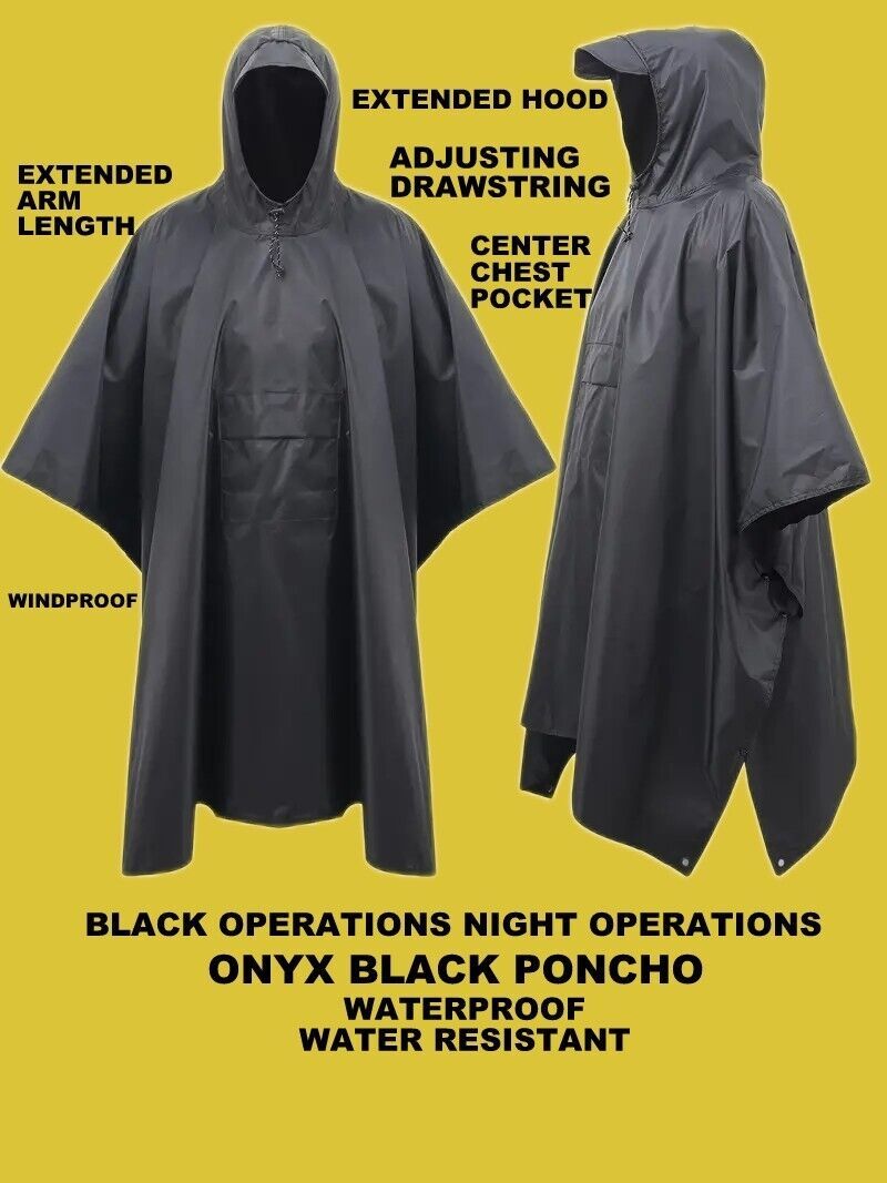 NEW WATERPROOF ONYX BLACK NIGHT OP MILITARY RAIN PONCHO WET WEATHER SHEL... - $27.08
